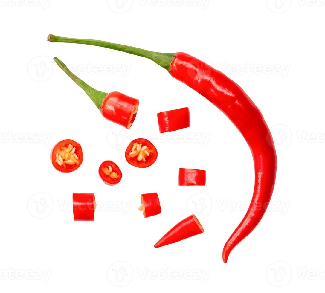 Top view set of red chili pepper with slices isolated on white background with clipping path photo