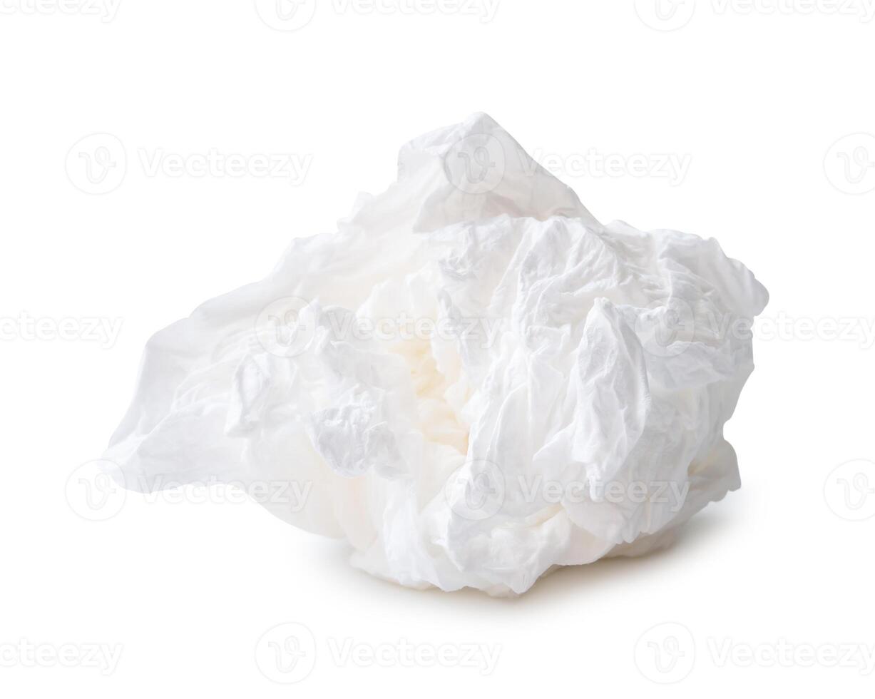 Front view of crumpled tissue paper ball after use in toilet or restroom isolated on white background with clipping path photo