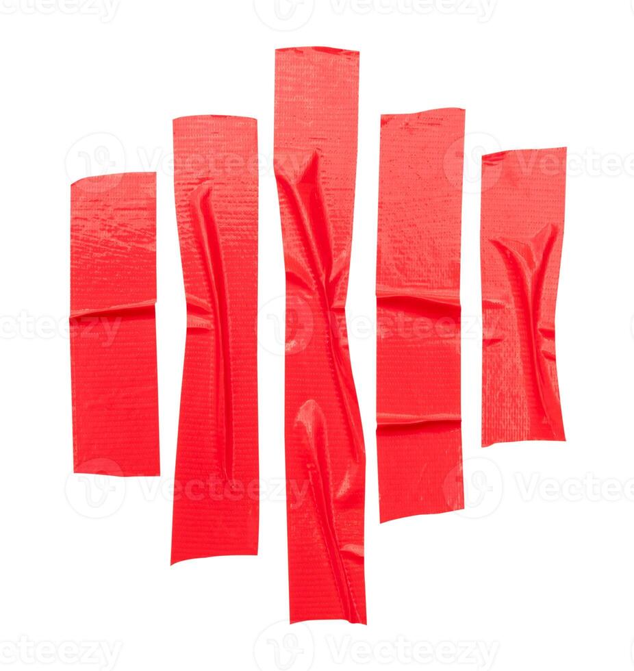 Top view set of wrinkled red adhesive vinyl tape or cloth tape in stripe shape isolated on white background with clipping path photo