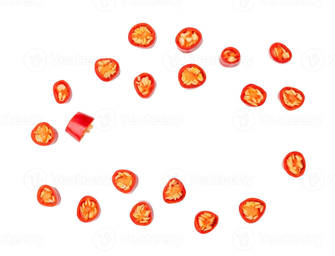 Top view set of red chili pepper slices isolated on white background with clipping path photo