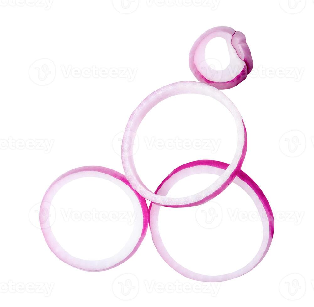 Top view of red or purple onion slices or onion rings in stack isolated on white background with clipping path photo