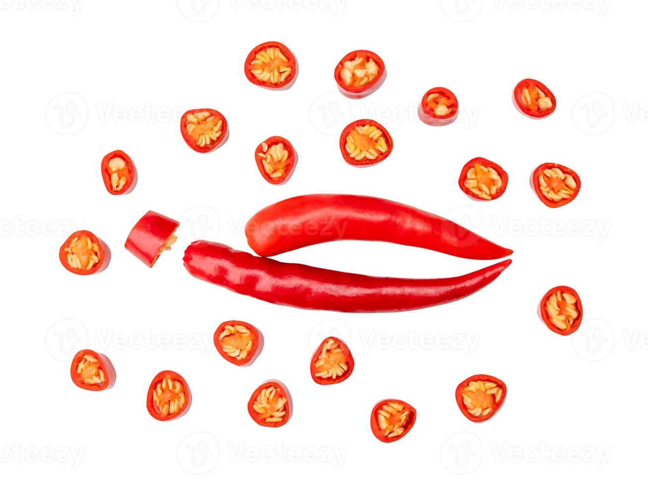 Top view set of red chili pepper with slices isolated on white background with clipping path photo