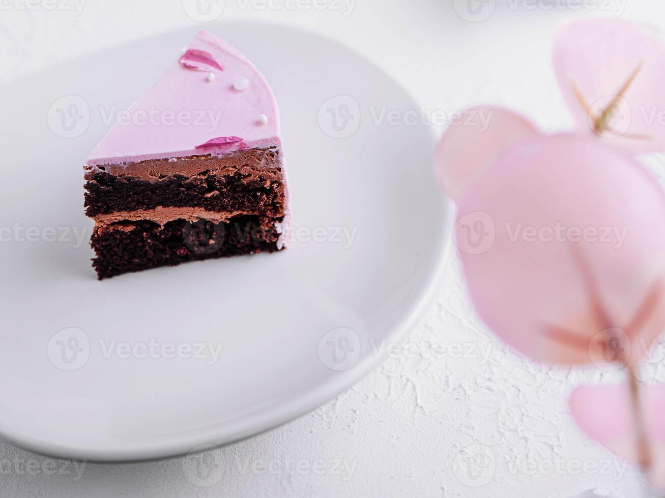 Piece of chocolate cake with pink cream photo
