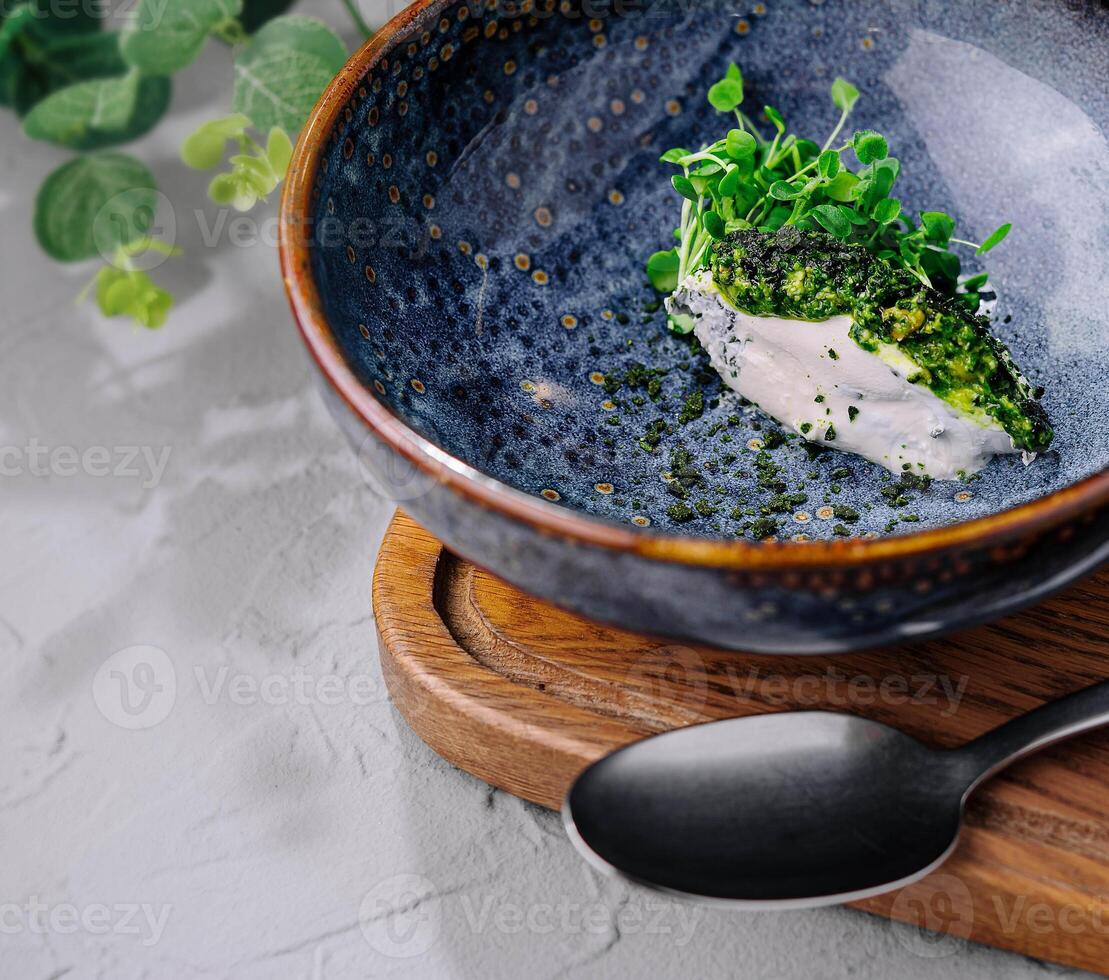 Broccoli cream soup on top view photo