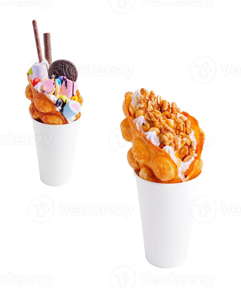 Hong kong or bubble waffle with ice cream and marshmallows photo