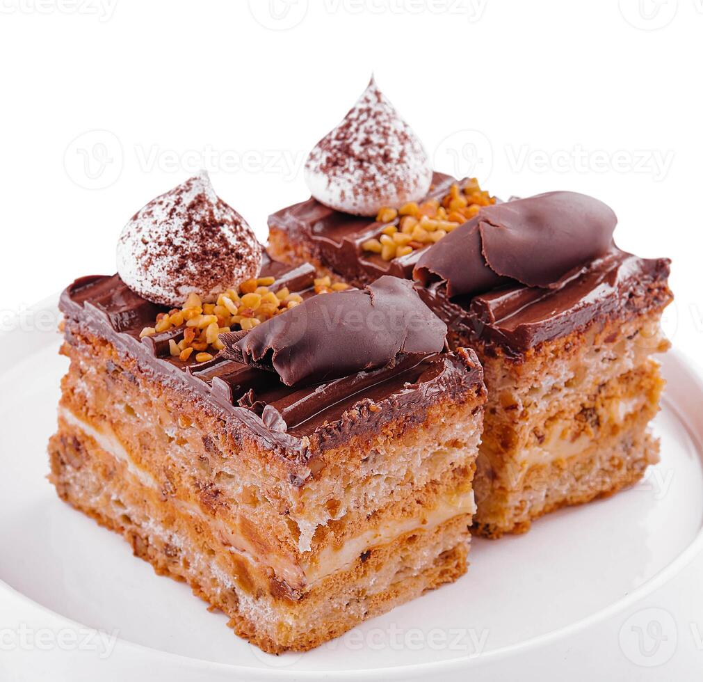 Chocolate cake on a white plate photo