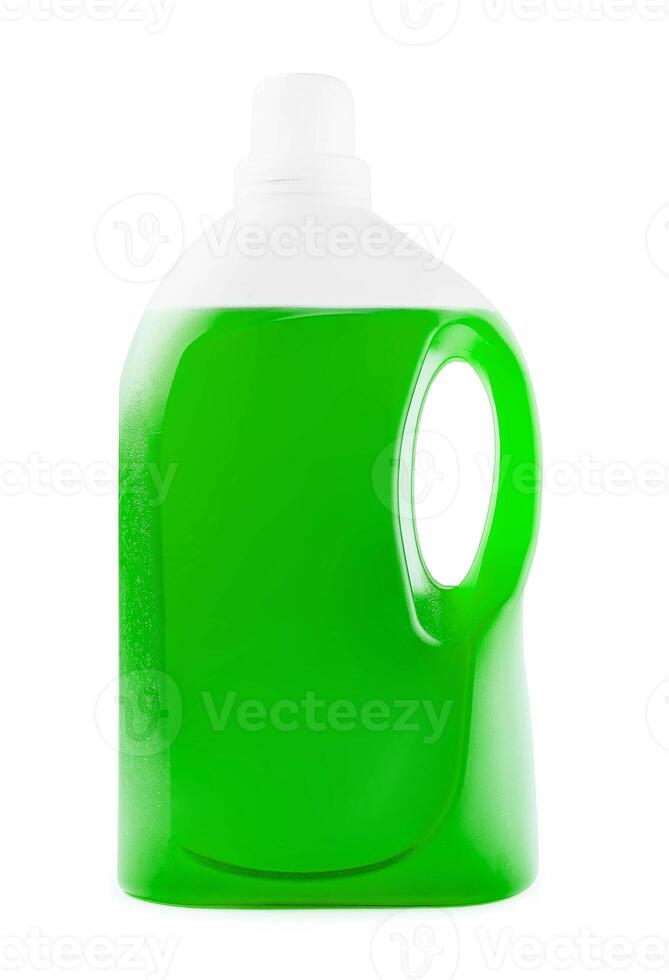 Green liquid soap or detergent in a plastic bottle photo