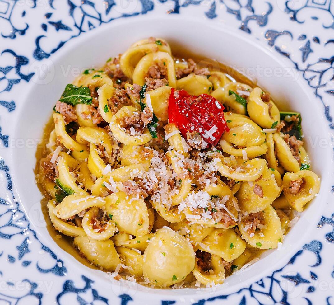 Italian Tuna conchiglie pasta close up photo