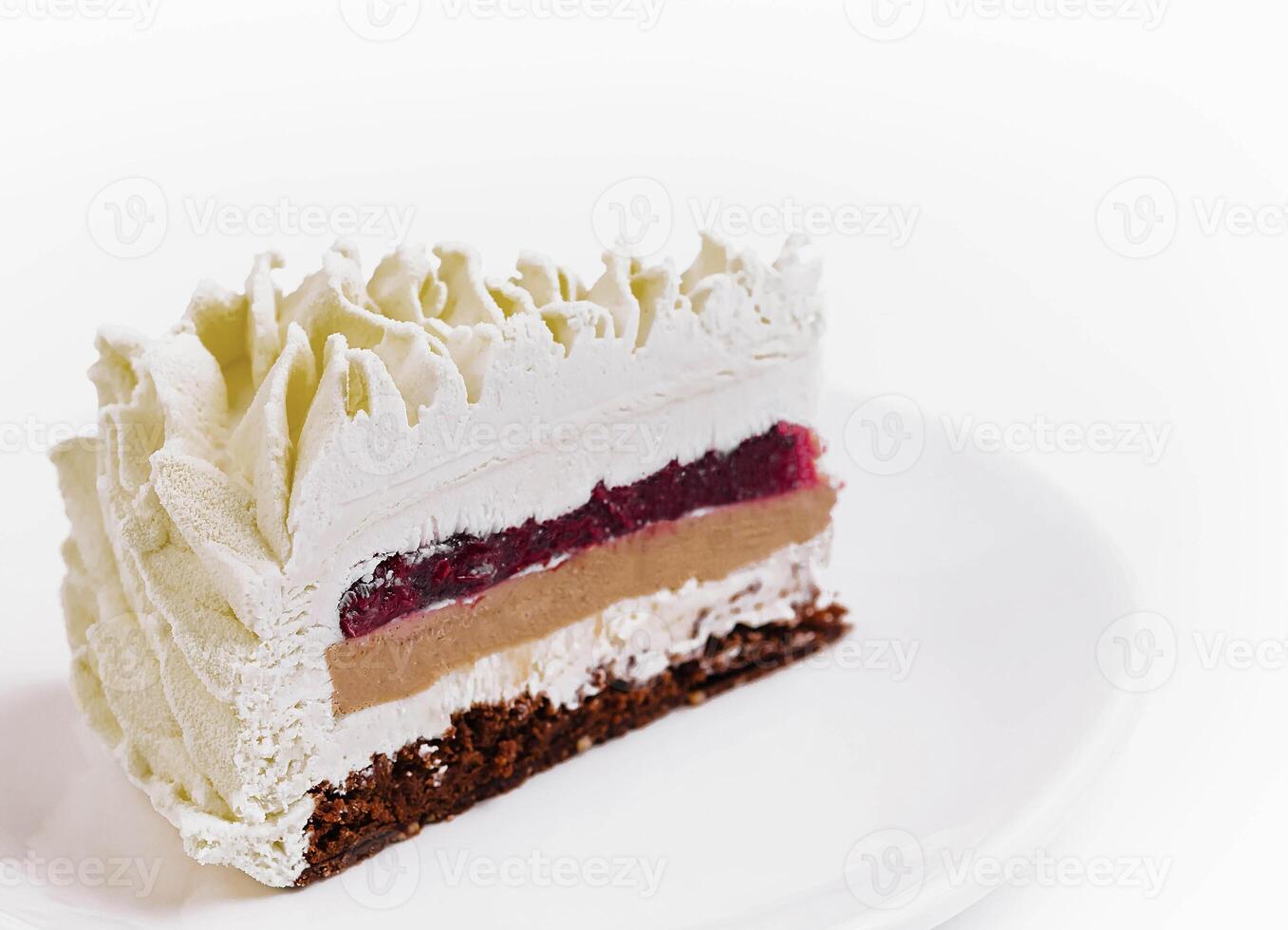 Layered Mousse Cake on plate isolated photo