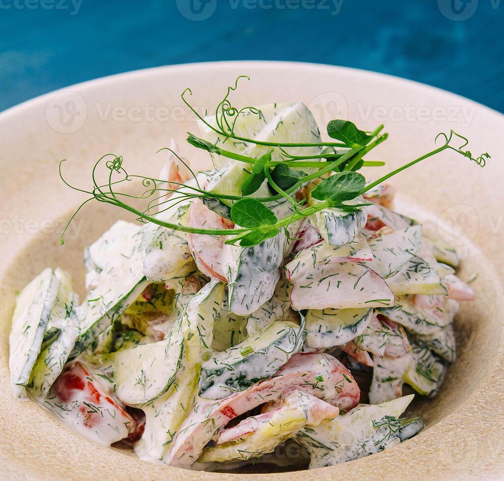 Salad with fresh vegetables and cream sause on plate photo