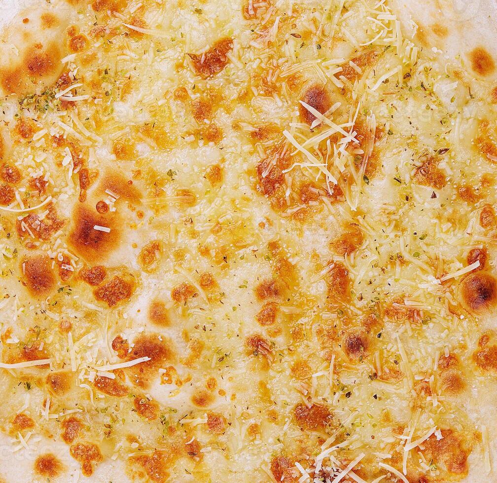 Garlic pizza bread with cheese and herbs macro photo