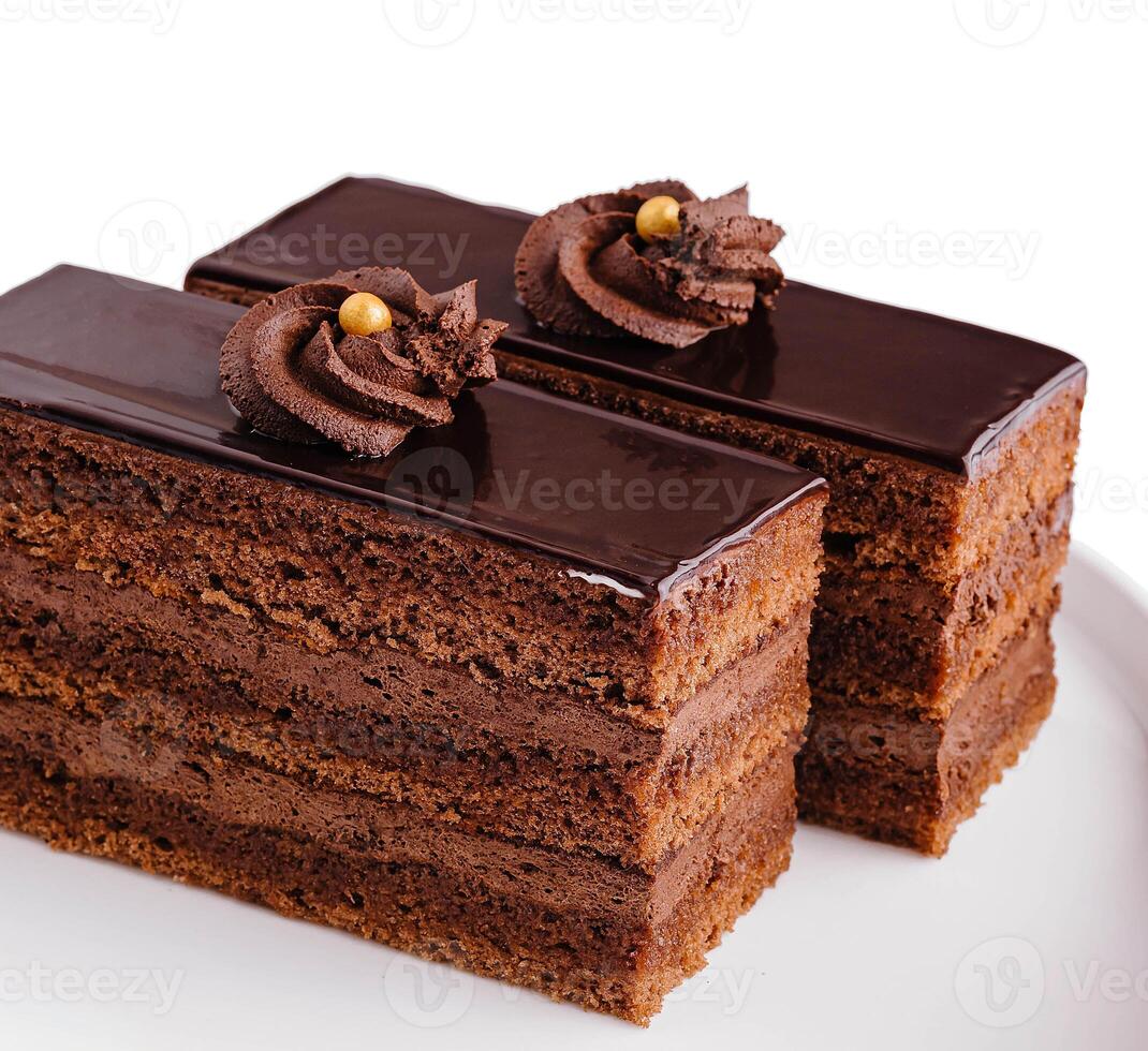 Close up of two pieces of chocolate cake on plate photo