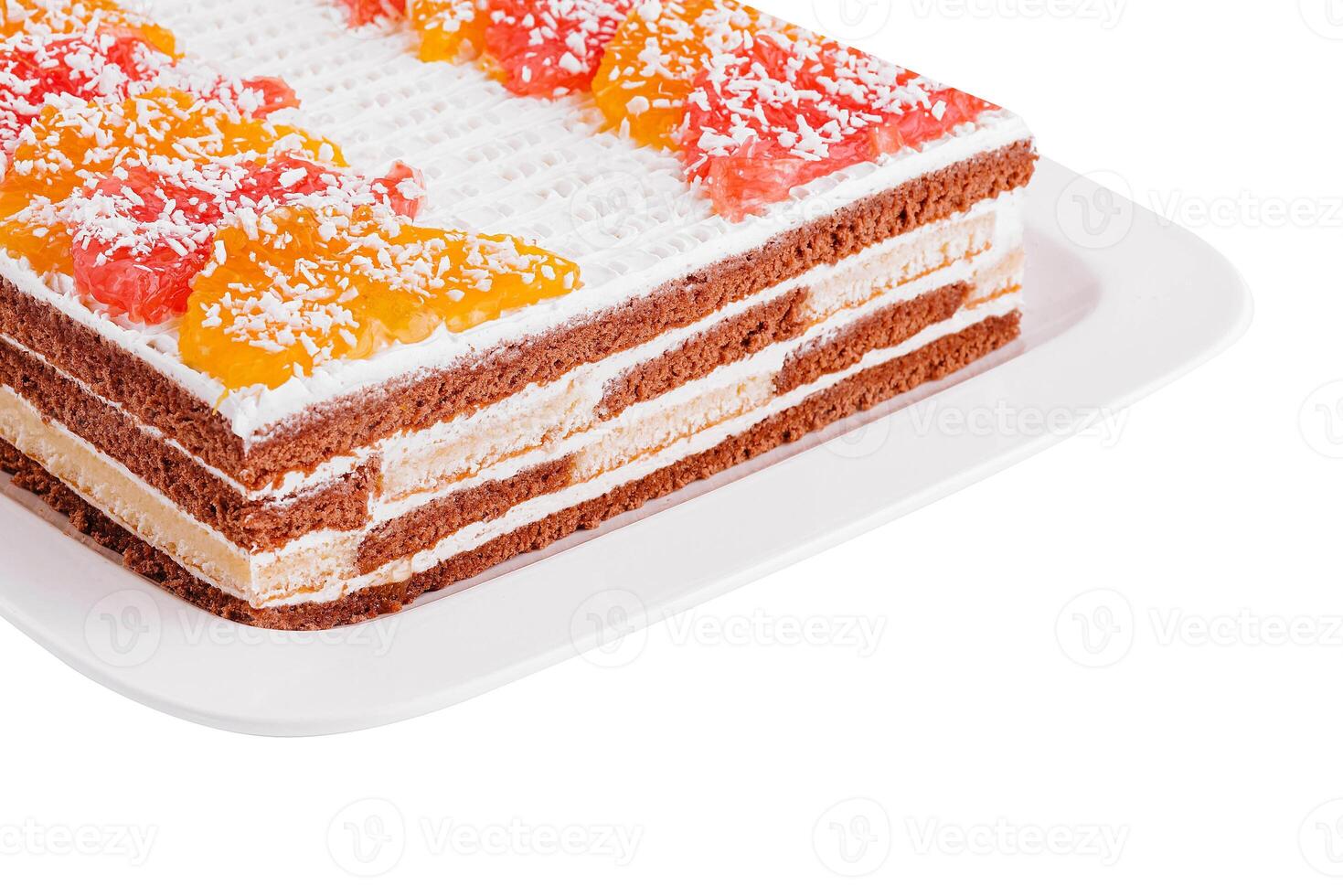 layered chocolate cake with oranges and grapefruits photo