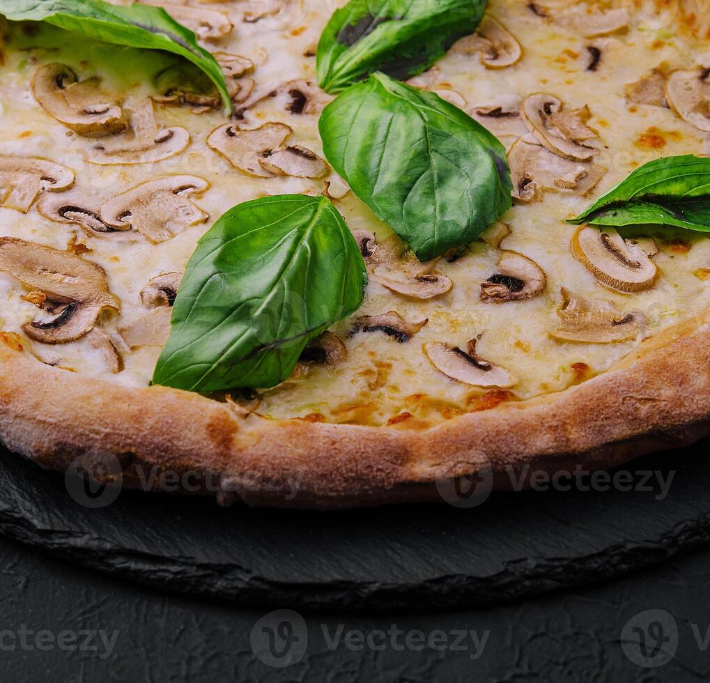 Mushroom pizza with cheese and basil photo