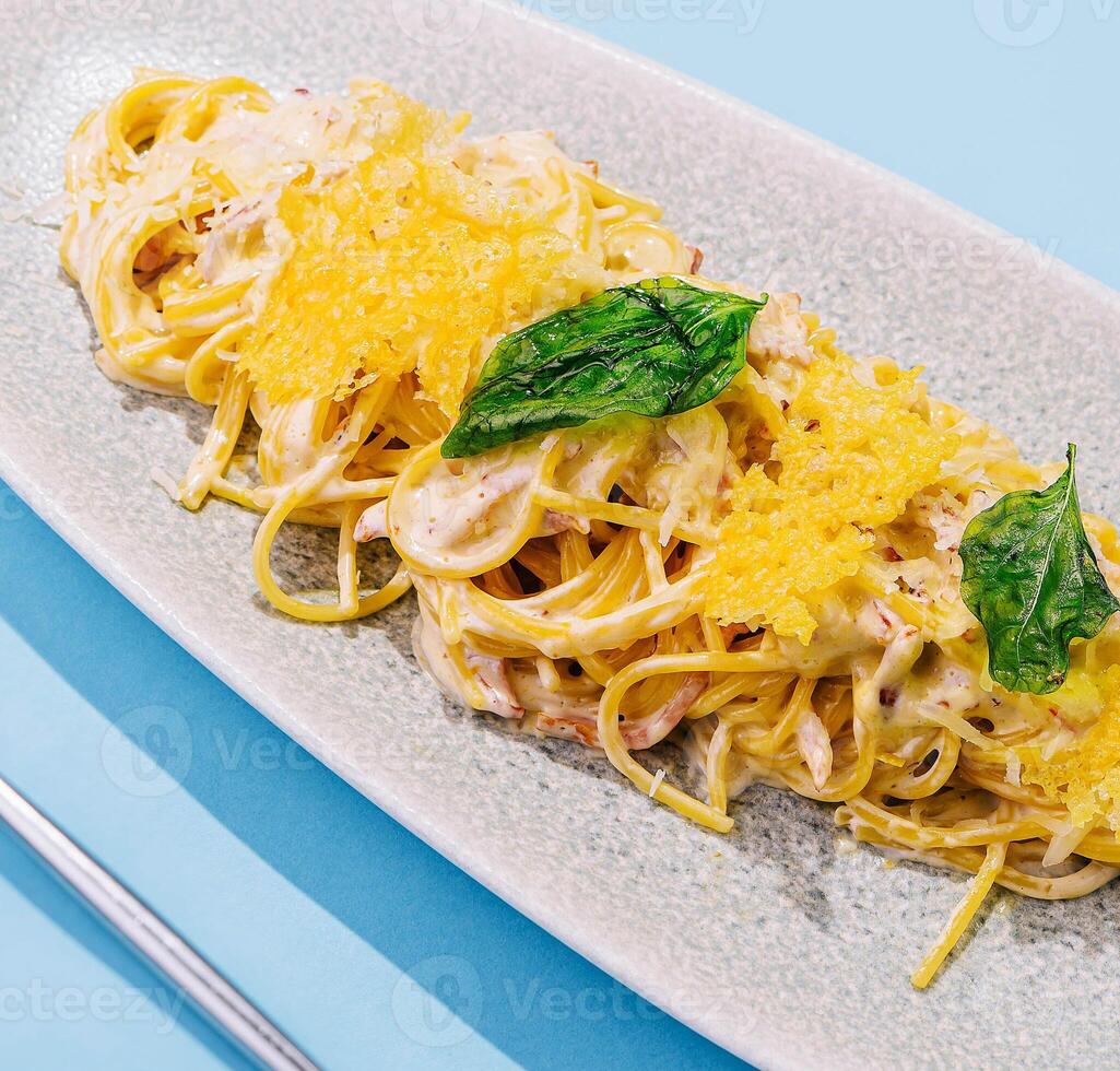 Delicious pasta on top view photo