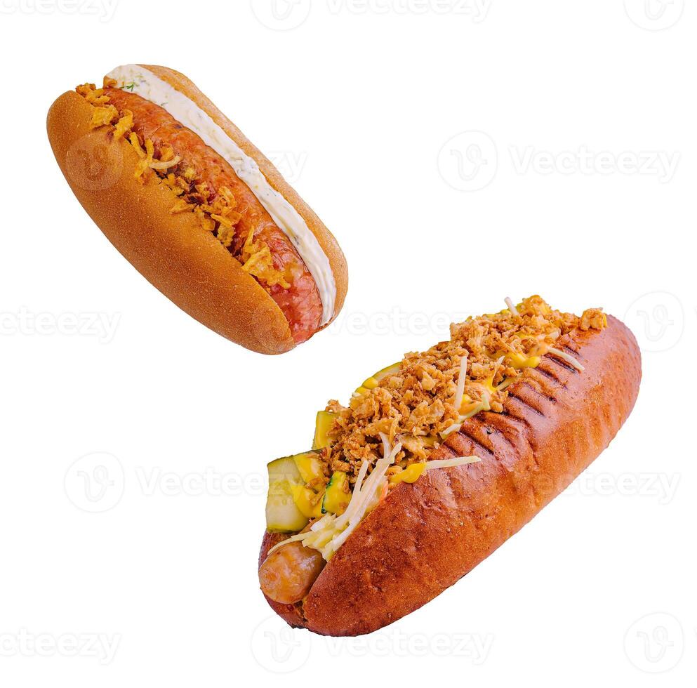 Delicious Gourmet Grilled Hot Dogs With Mustard, Pickles, Onion photo
