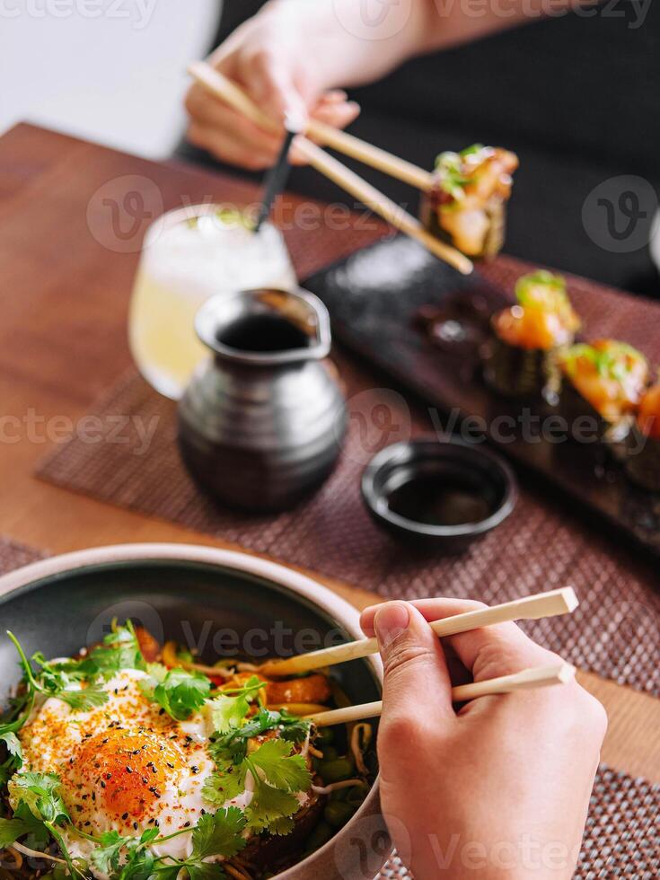 Asian food ramen top view photo