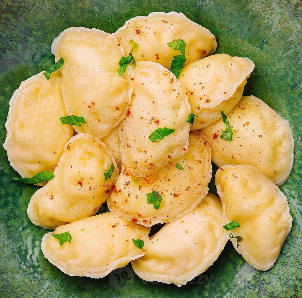 dumplings with cottage cheese close up top view photo