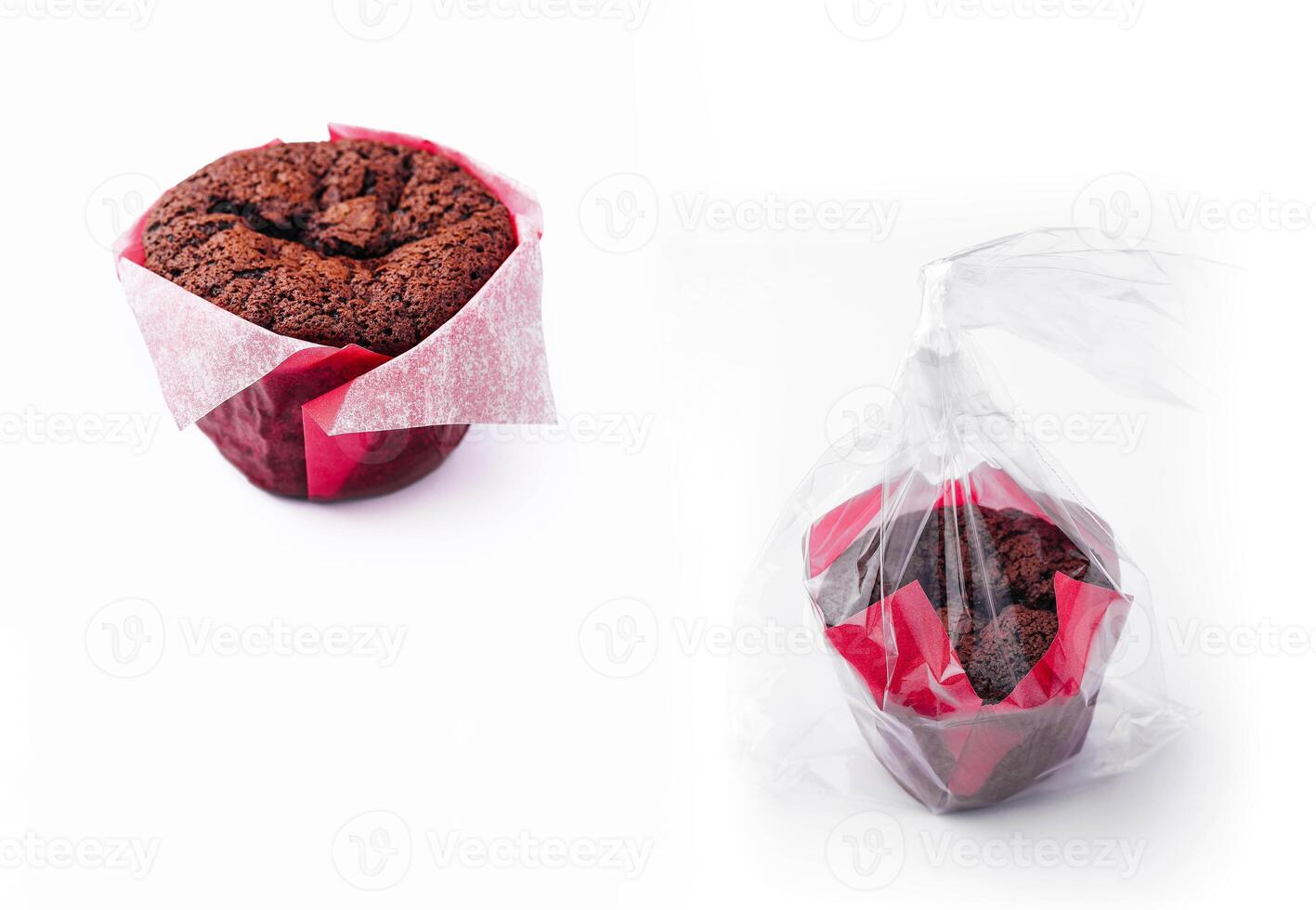 Delicious chocolate brownie in plastic packaging photo