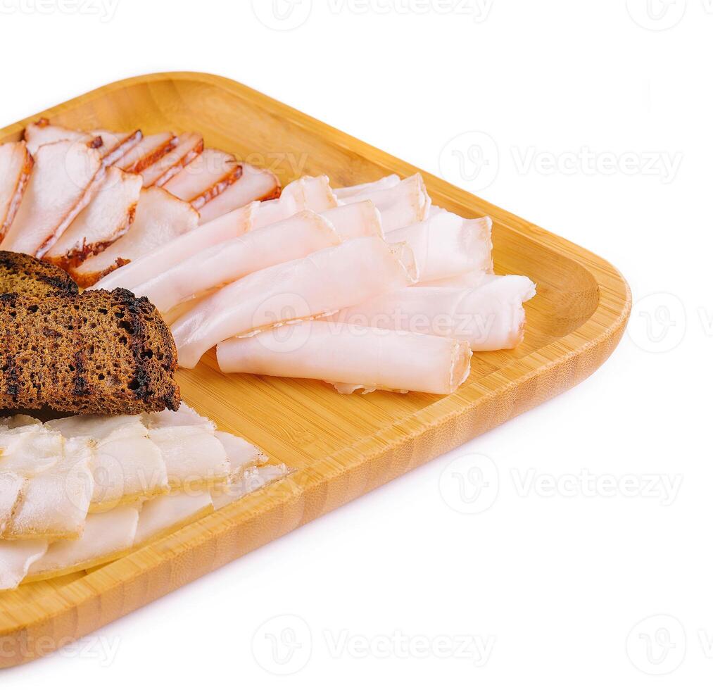 different types of lard with garlic, croutons and horseradish photo