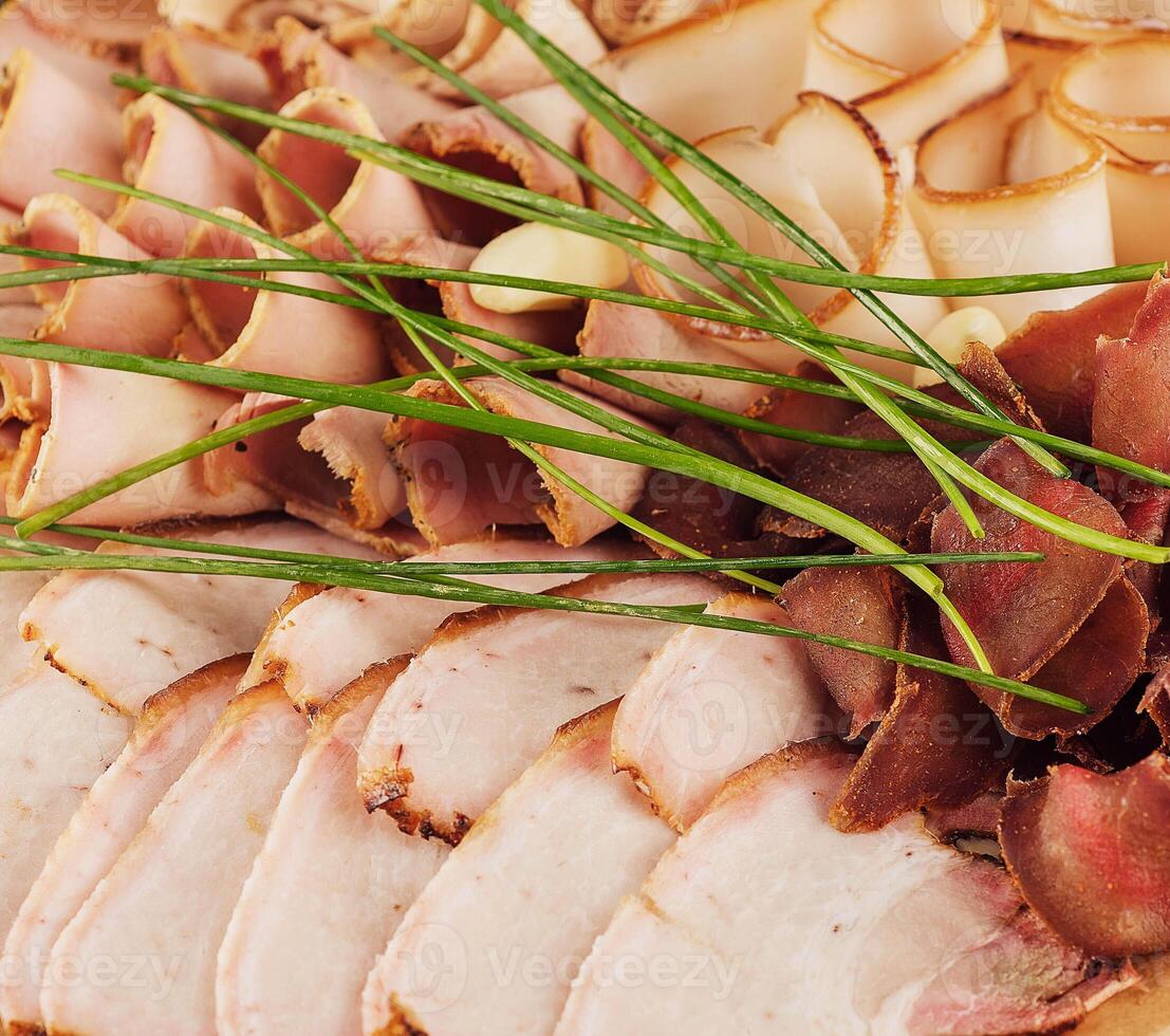 group of smoked Ham, jerky, salted biltong meat and lard photo