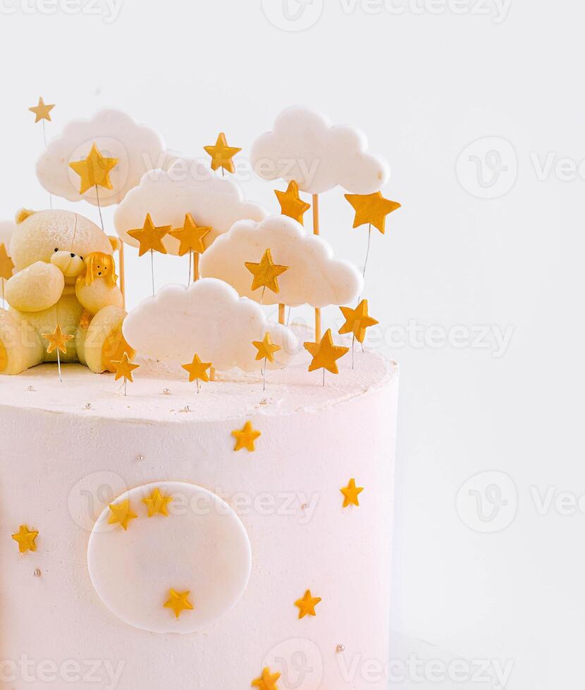 Festive childrens birthday cake close up photo