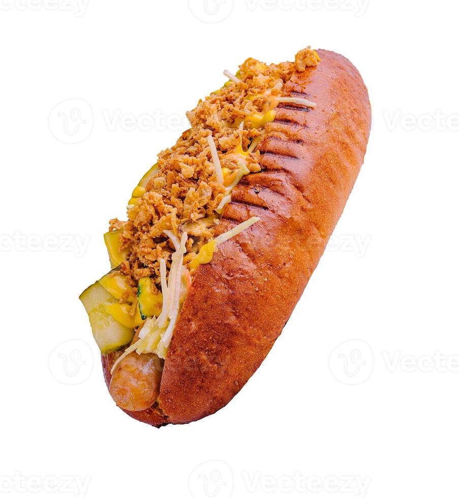 Delicious Gourmet Grilled Hot Dogs With Mustard, Pickles, Onion photo