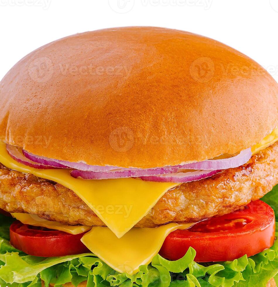 Big hamburger with chicken cutlet on white background photo