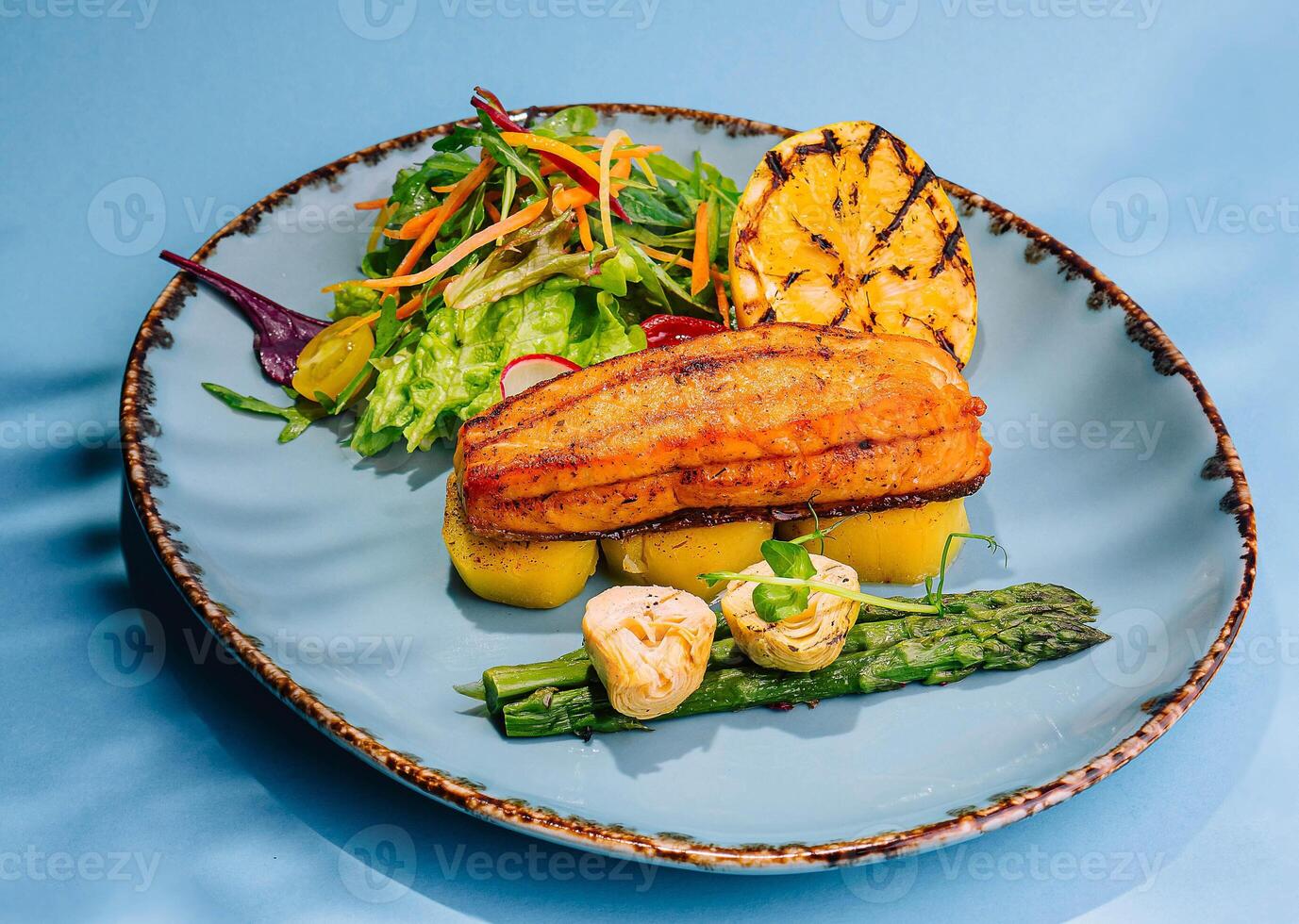 asado salmón filetes y camarones con hervido espárragos foto