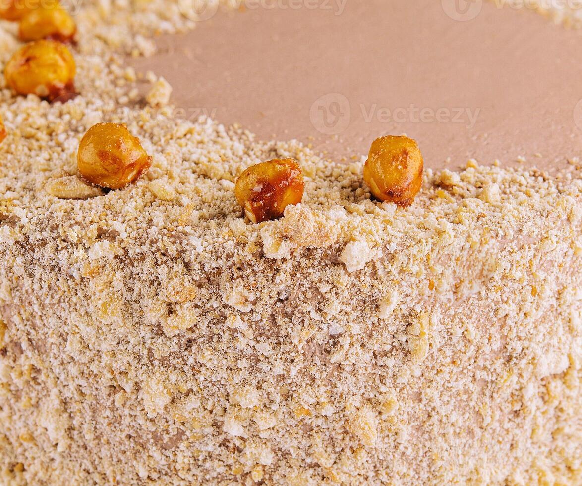 Kyiv cake with hazelnuts, chocolate glaze, and a buttercream-like filling photo