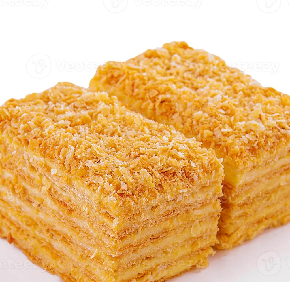 Homemade baked cake Napoleon on plate photo