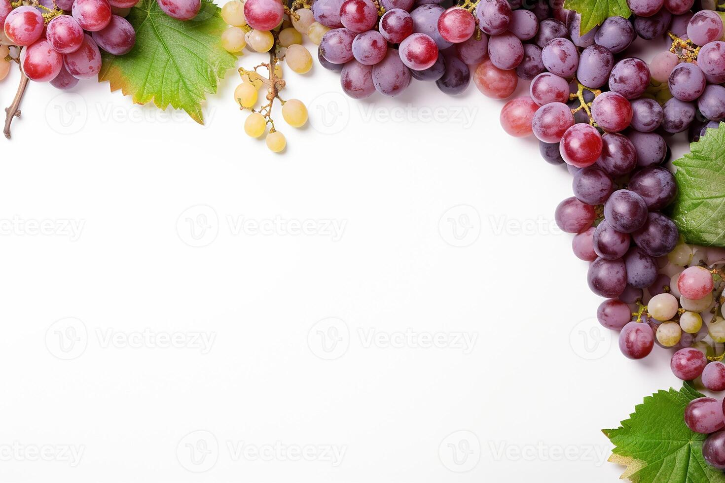 AI generated Assorted grapes with leaves arranged in a frame on a white background photo