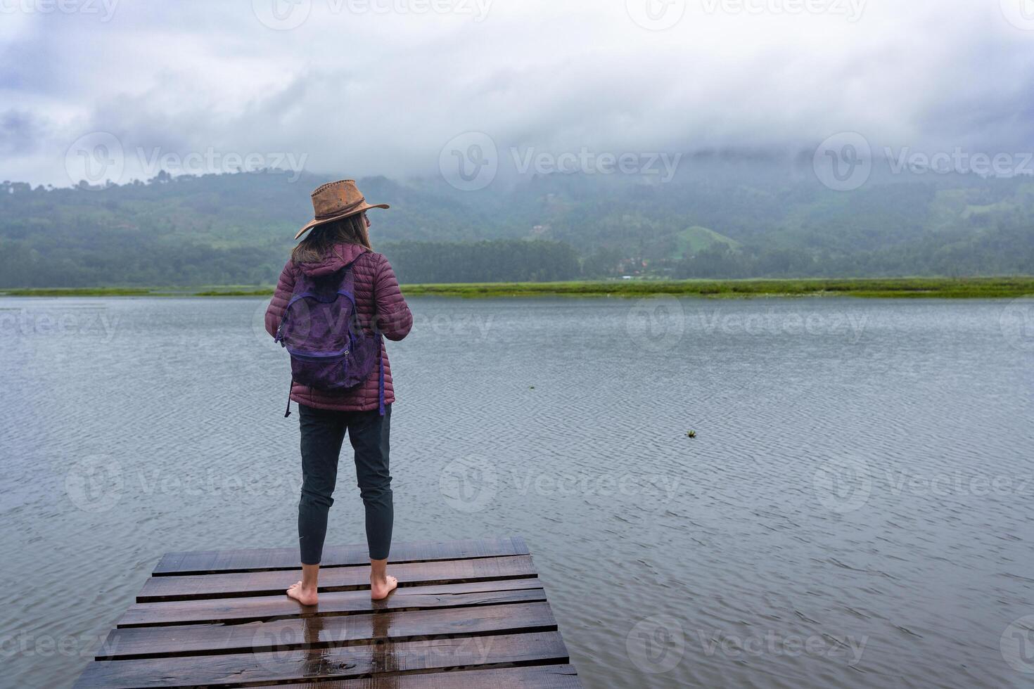 viajero mujer contempla el paisaje en el peruano selva. foto