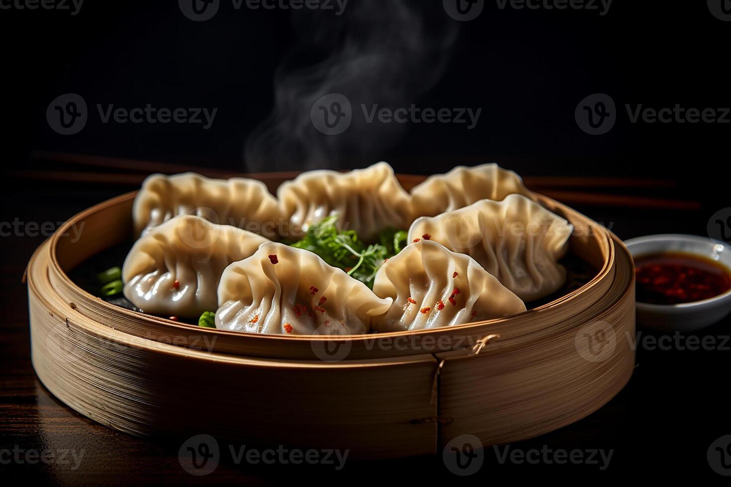 AI generated Steamed dumplings gyoza with meat in bamboo steamer with soy sauce on the side photo