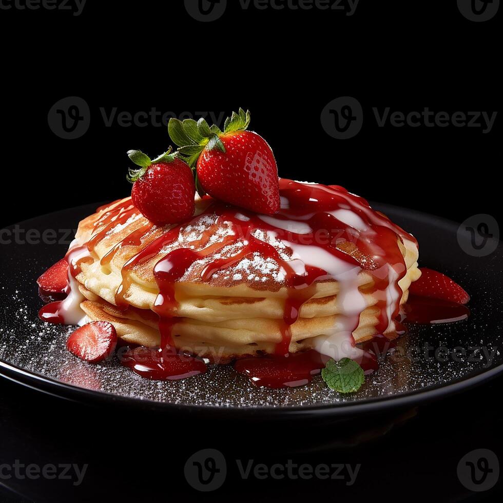 AI generated Stack of pancakes drizzled with chocolate syrup and strawberries topping photo