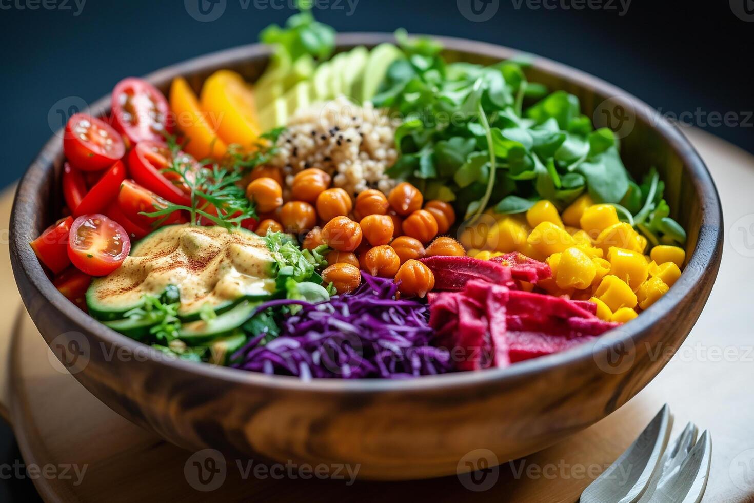 AI generated Colorful bowl of mixed salad with a variety of fresh vegetables and chickpeas. photo