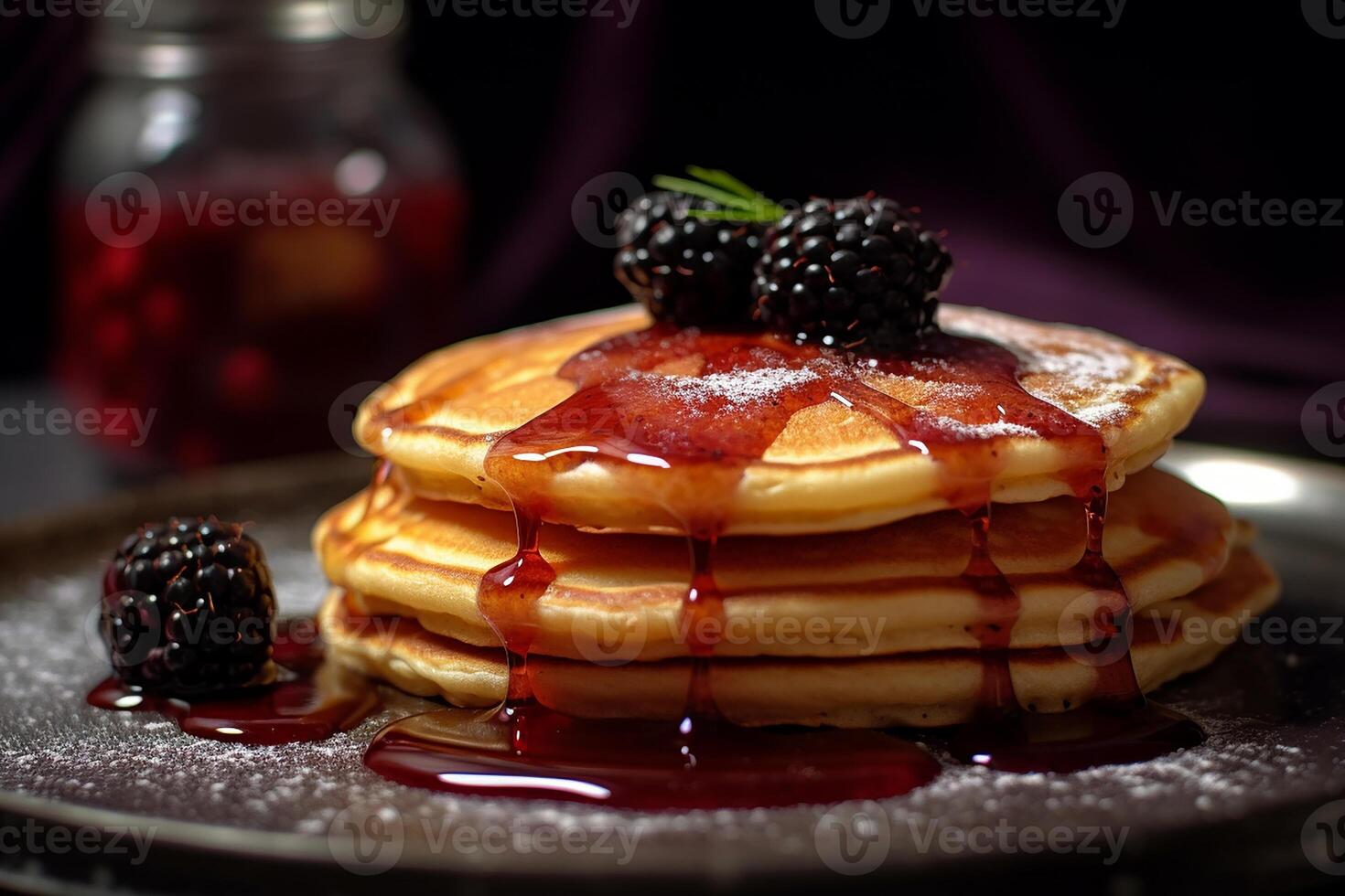 AI generated Stack of pancakes with berries and maple syrup. photo