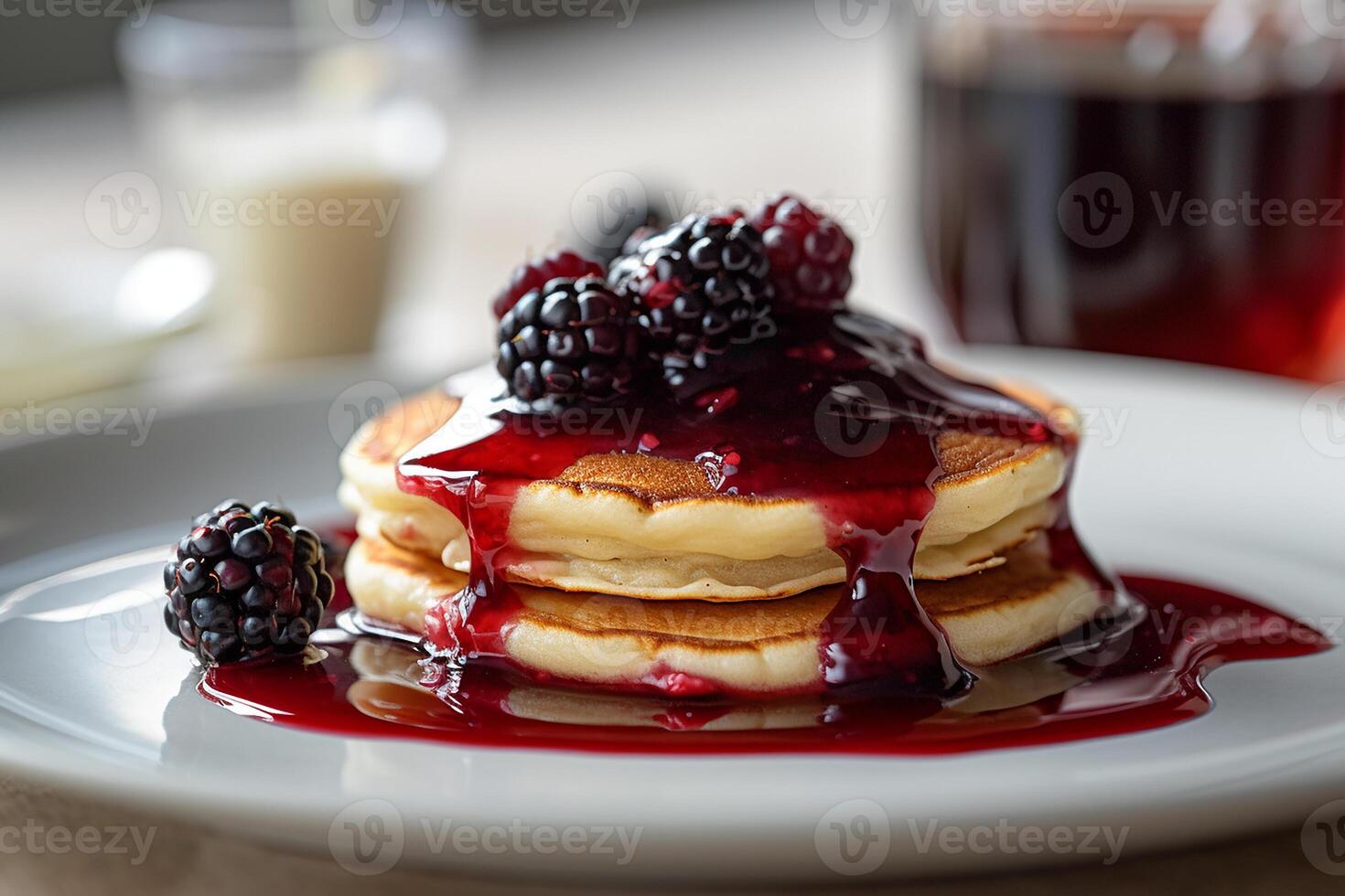 AI generated Stack of pancakes topped with blackberry maple syrup and fresh blackberries. photo