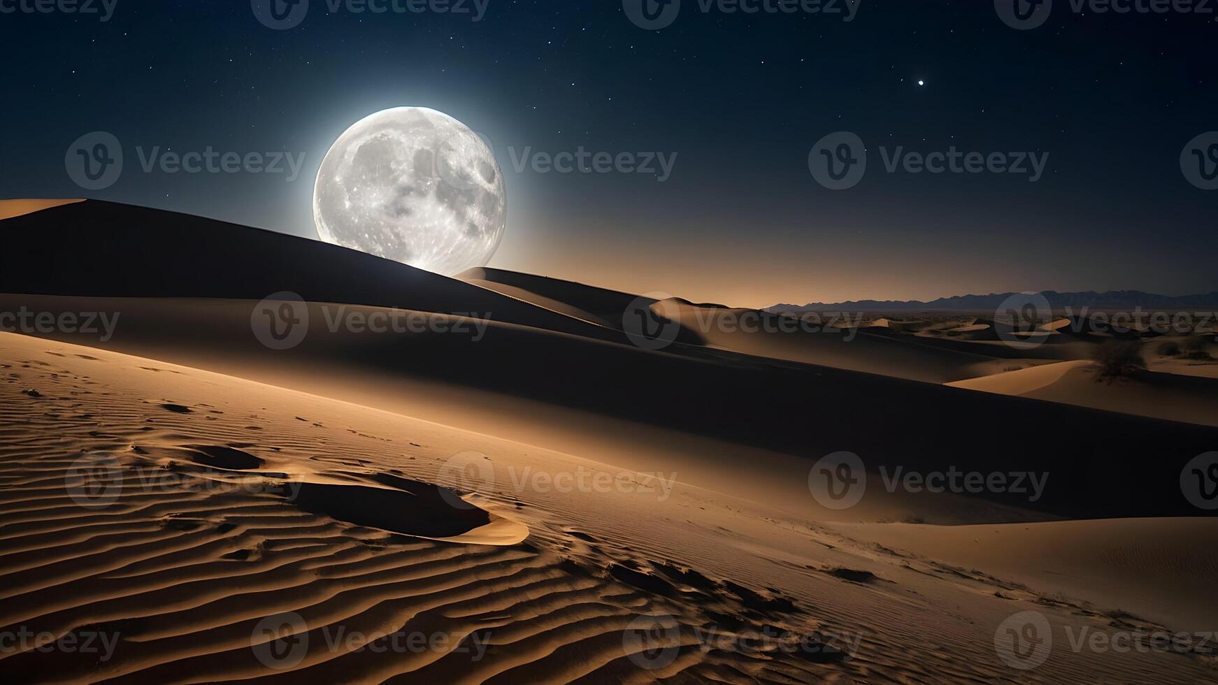 AI generated Moonlit Magic  Lunar Glow Casting Shadows Across Desert Sands photo