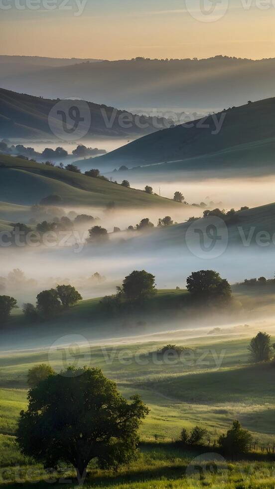 AI generated Ethereal Fog  Misty Morning Blanketing Quiet Valley photo