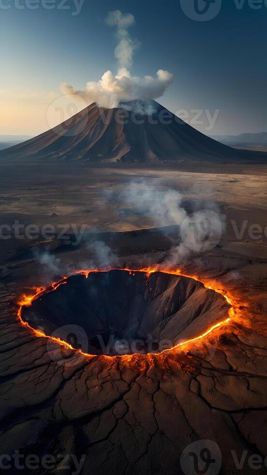 ai generado volcánico preguntarse de fumar cráter en contra estéril paisaje foto