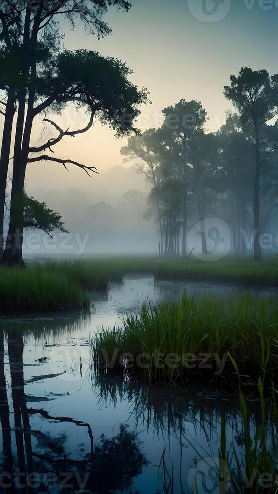 AI generated Mystical Marshlands  Mist-shrouded Swamps Teeming with Life photo