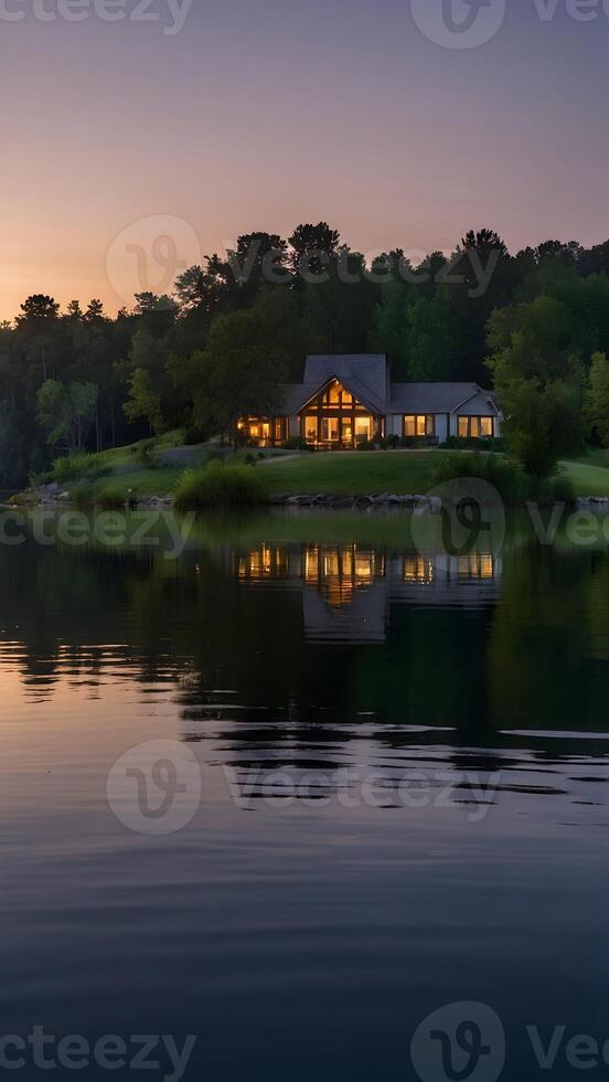 AI generated Twilight Tranquility  Peaceful Lakeside Retreat as Night Falls photo