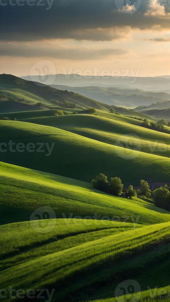 ai generado laminación colinas verde verde campos extensión a el horizonte foto