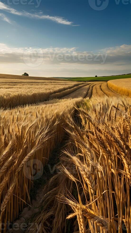 AI generated Golden Fields  Rippling Wheat Fields Underneath Azure Sky photo