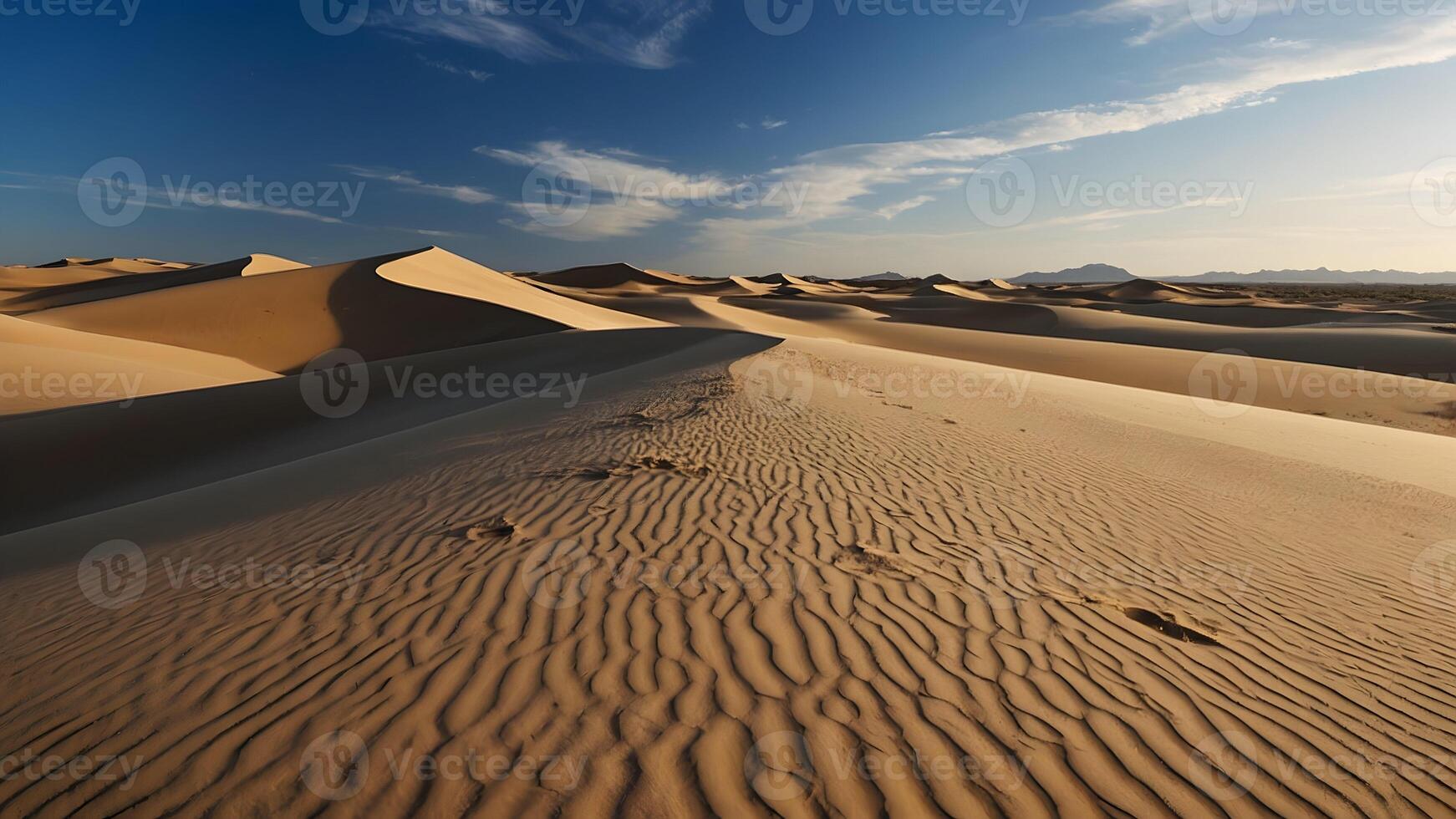 AI generated Desert Dreams  Endless Sands Shifting Underneath Vast Blue Sky photo