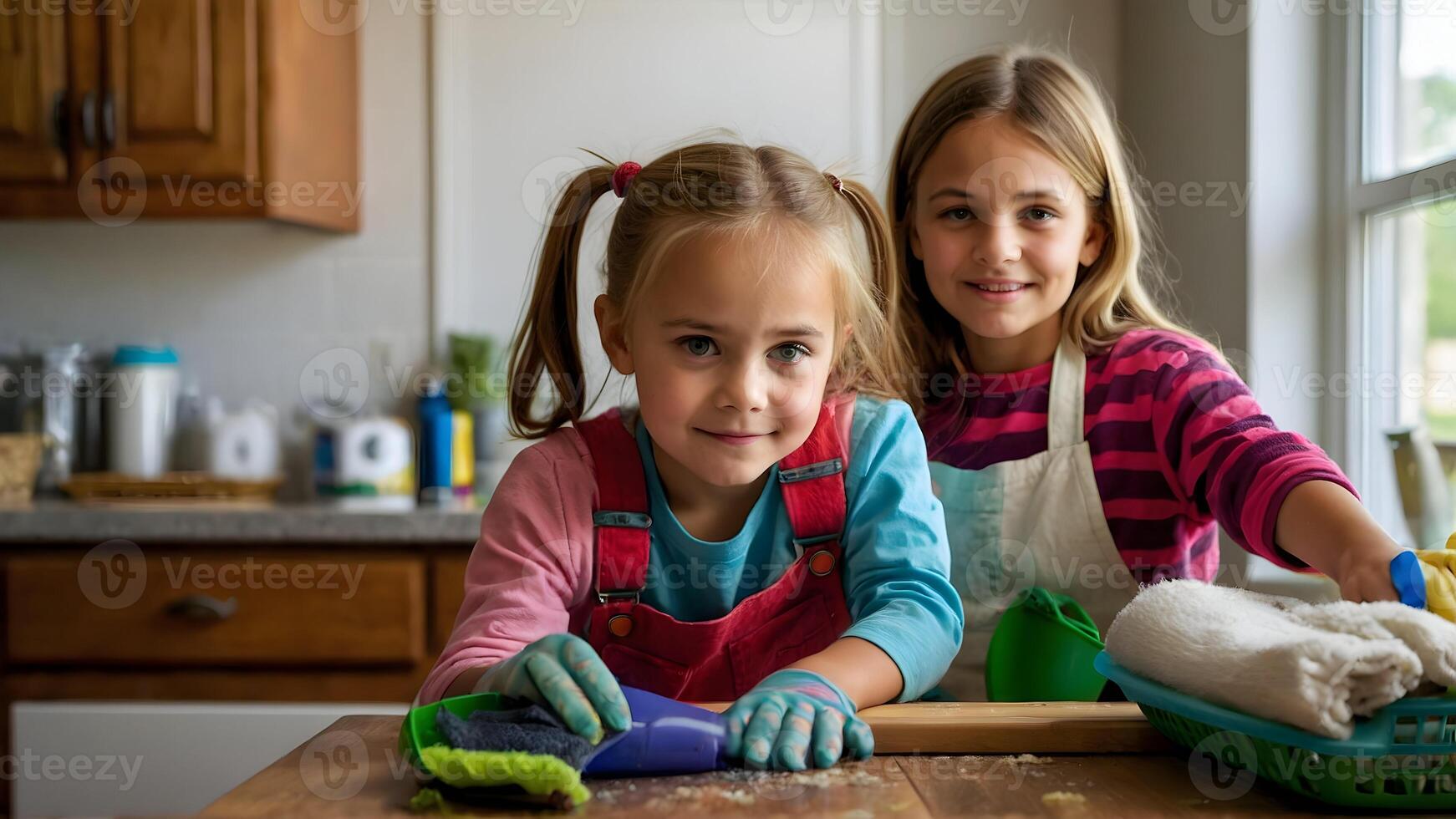 ai generado mamás pequeño ayudantes niños ayudando con casa quehaceres foto