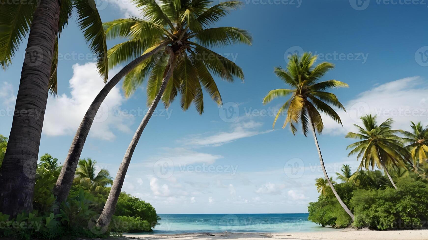 AI generated Tropical Paradise  Palm Trees Swaying in Gentle Ocean Breeze photo