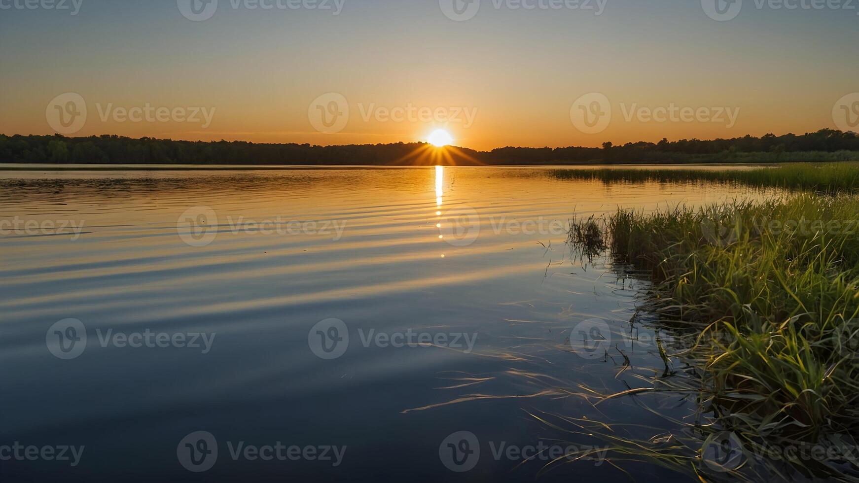 AI generated Sunset Serenity  Golden Hour Reflections on Calm Lake Waters photo