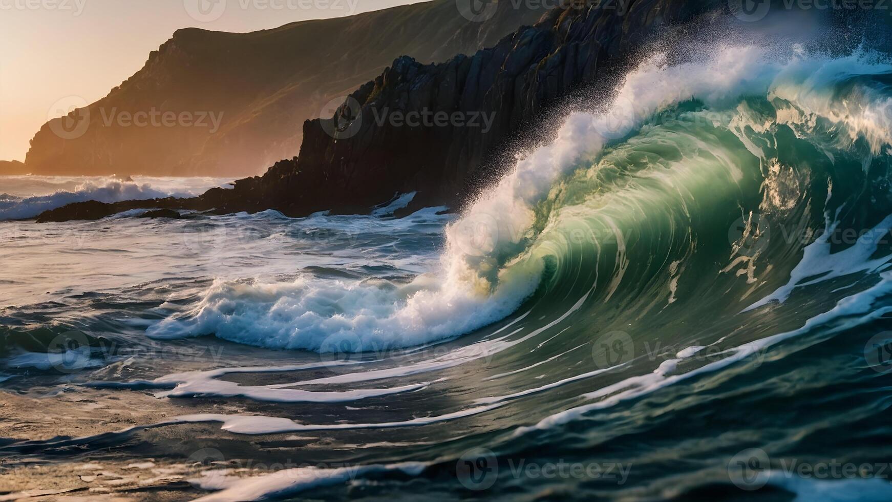 AI generated Coastal Majesty  Waves Crashing Against Rocky Shoreline at Dawn photo